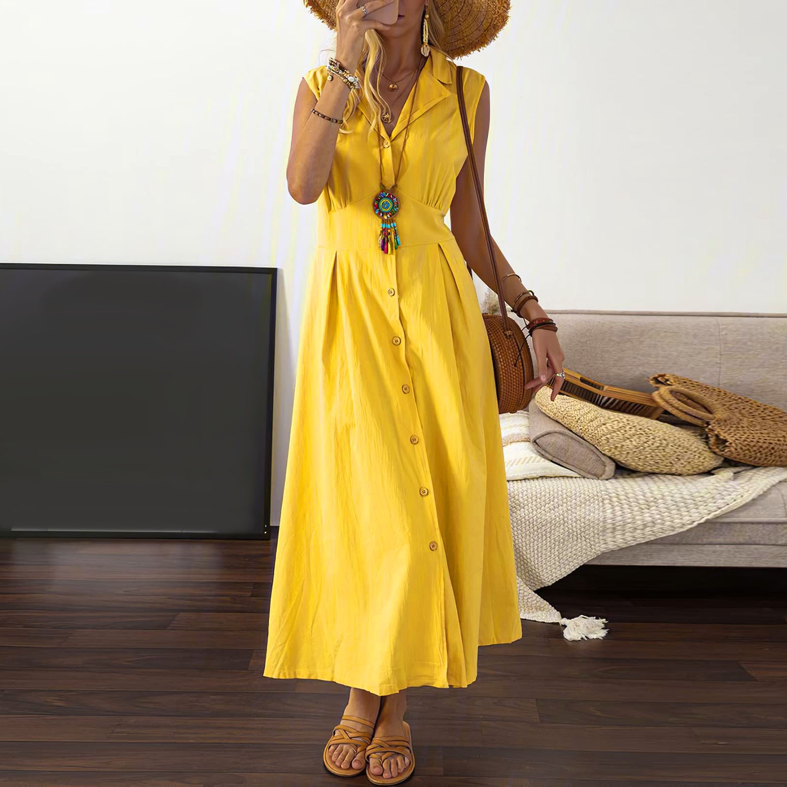 thumbnail image 4 of Vestido de verano sin mangas con cuello de solapa y botones de largo medio para mujer - Vestido de fiesta informal y holgado con cuello vuelto, 4 of 8